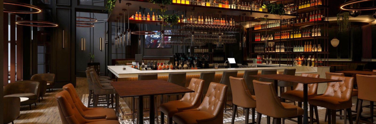 Architectural visualization of ALVA’s bar, with warm leather chairs and glowing circular lights