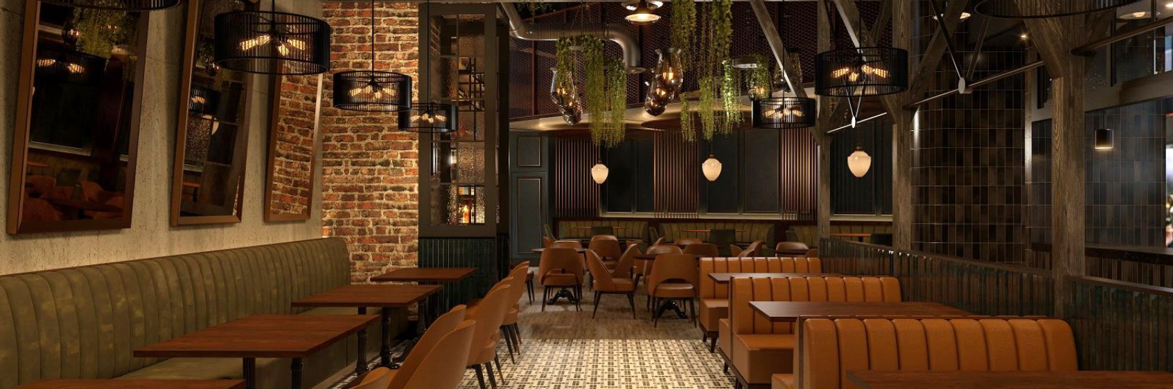 Architectural visualization of ALVA’s dining space, featuring olive banquettes and warm hanging lamps